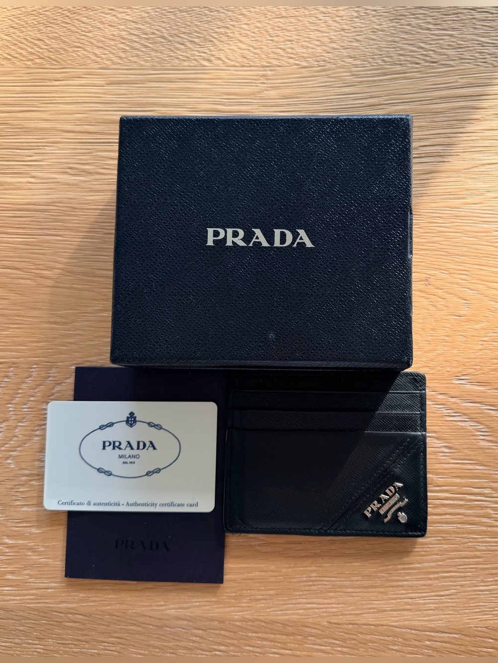 Prada Black Saffiano Leather Card Holder with Silver Logo